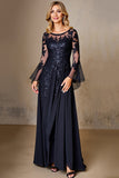 Chiffon A Line Lange Mouw Marine Moeder van de Bruid Jurk met Kant Appliques
