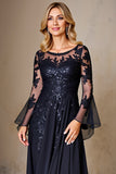 Chiffon A Line Lange Mouw Marine Moeder van de Bruid Jurk met Kant Appliques