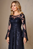 Chiffon A Line Lange Mouw Marine Moeder van de Bruid Jurk met Kant Appliques