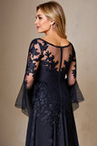 Chiffon A Line Lange Mouw Marine Moeder van de Bruid Jurk met Kant Appliques