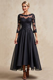 Zwarte A Line 3/4 Mouw Thee Lengte Moeder van de Bruid Jurk met Appliques