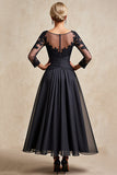 Zwarte A Line 3/4 Mouw Thee Lengte Moeder van de Bruid Jurk met Appliques