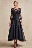 Zwarte A Line 3/4 Mouw Thee Lengte Moeder van de Bruid Jurk met Appliques
