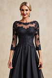 Zwarte A Line 3/4 Mouw Thee Lengte Moeder van de Bruid Jurk met Appliques
