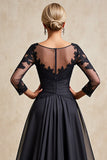 Zwarte A Line 3/4 Mouw Thee Lengte Moeder van de Bruid Jurk met Appliques