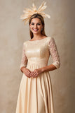 Chiffon A Line Applique Champagne Moeder van de Bruid Jurk met 3/4 Mouwen