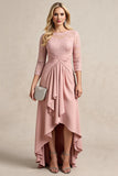 Blozen hoog laag chiffon gerimpeld moeder van de bruid jurk met kant applicaties