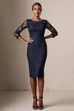 Bodycon 3/4 Mouw Midi Navy Moeder van de Bruid Jurk met Kant Appliques