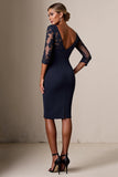 Bodycon 3/4 Mouw Midi Navy Moeder van de Bruid Jurk met Kant Appliques
