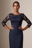 Bodycon 3/4 Mouw Midi Navy Moeder van de Bruid Jurk met Kant Appliques