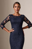 Bodycon 3/4 Mouw Midi Navy Moeder van de Bruid Jurk met Kant Appliques