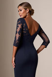 Bodycon 3/4 Mouw Midi Navy Moeder van de Bruid Jurk met Kant Appliques
