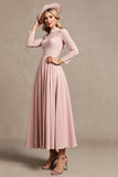 Hoge hals lange mouw snoep roze moeder van de bruid jurk met appliques