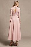 Hoge hals lange mouw snoep roze moeder van de bruid jurk met appliques