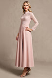 Hoge hals lange mouw snoep roze moeder van de bruid jurk met appliques