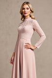 Hoge hals lange mouw snoep roze moeder van de bruid jurk met appliques