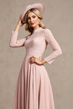 Hoge hals lange mouw snoep roze moeder van de bruid jurk met appliques