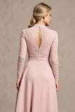 Hoge hals lange mouw snoep roze moeder van de bruid jurk met appliques