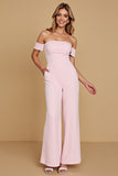 Off The Shoulder Roze Chiffon Bruidsmeisje Jumpsuit
