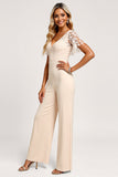 Abrikoos V-hals chiffon kant bruidsmeisje jumpsuit