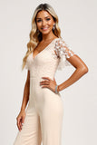 Abrikoos V-hals chiffon kant bruidsmeisje jumpsuit