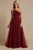 One Shoulder Tule Rood A Line Bruidsmeisjesjurk