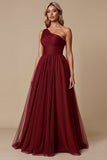 One Shoulder Tule Rood A Line Bruidsmeisjesjurk