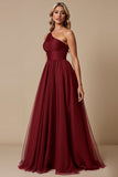 One Shoulder Tule Rood A Line Bruidsmeisjesjurk