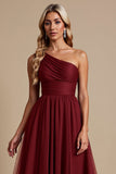 One Shoulder Tule Rood A Line Bruidsmeisjesjurk