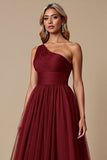 One Shoulder Tule Rood A Line Bruidsmeisjesjurk