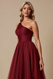 One Shoulder Tule Rood A Line Bruidsmeisjesjurk