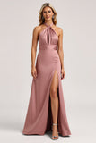 Halter Roze A Line Satijnen Bruidsmeisjesjurk