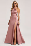 Halter Roze A Line Satijnen Bruidsmeisjesjurk