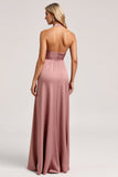 Halter Roze A Line Satijnen Bruidsmeisjesjurk