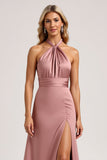Halter Roze A Line Satijnen Bruidsmeisjesjurk