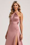 Halter Roze A Line Satijnen Bruidsmeisjesjurk