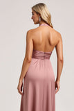 Halter Roze A Line Satijnen Bruidsmeisjesjurk