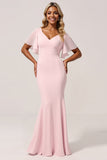 Zeemeermin chiffon V-hals roze bruidsmeisjesjurk