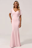 Zeemeermin chiffon V-hals roze bruidsmeisjesjurk