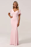 Zeemeermin chiffon V-hals roze bruidsmeisjesjurk