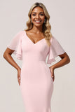 Zeemeermin chiffon V-hals roze bruidsmeisjesjurk