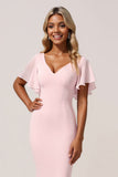 Zeemeermin chiffon V-hals roze bruidsmeisjesjurk