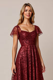 Cabernet A Line Applique Bruiloft Gast Jurk met Korte Mouwen