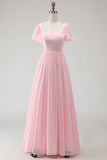 Candy Pink A Line Chiffon Chiffon lange bruidsmeisjesjurk met vierkante hals