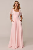 Candy Pink A Line vierkante hals chiffon bruidsmeisjesjurk