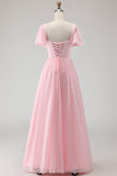 Candy Pink A Line Chiffon Chiffon lange bruidsmeisjesjurk met vierkante hals