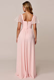 Candy Pink A Line Chiffon Chiffon lange bruidsmeisjesjurk met vierkante hals
