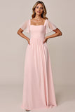 Candy Pink A Line Chiffon Chiffon lange bruidsmeisjesjurk met vierkante hals