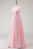 Candy Pink A Line Chiffon Chiffon lange bruidsmeisjesjurk met vierkante hals