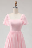 Candy Pink A Line Chiffon Chiffon lange bruidsmeisjesjurk met vierkante hals